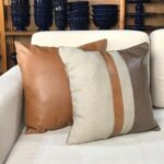 Almofada linho bege listras caramelo e marrom