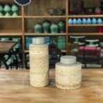 Pote com tampa cerâmica bege c/ fibra