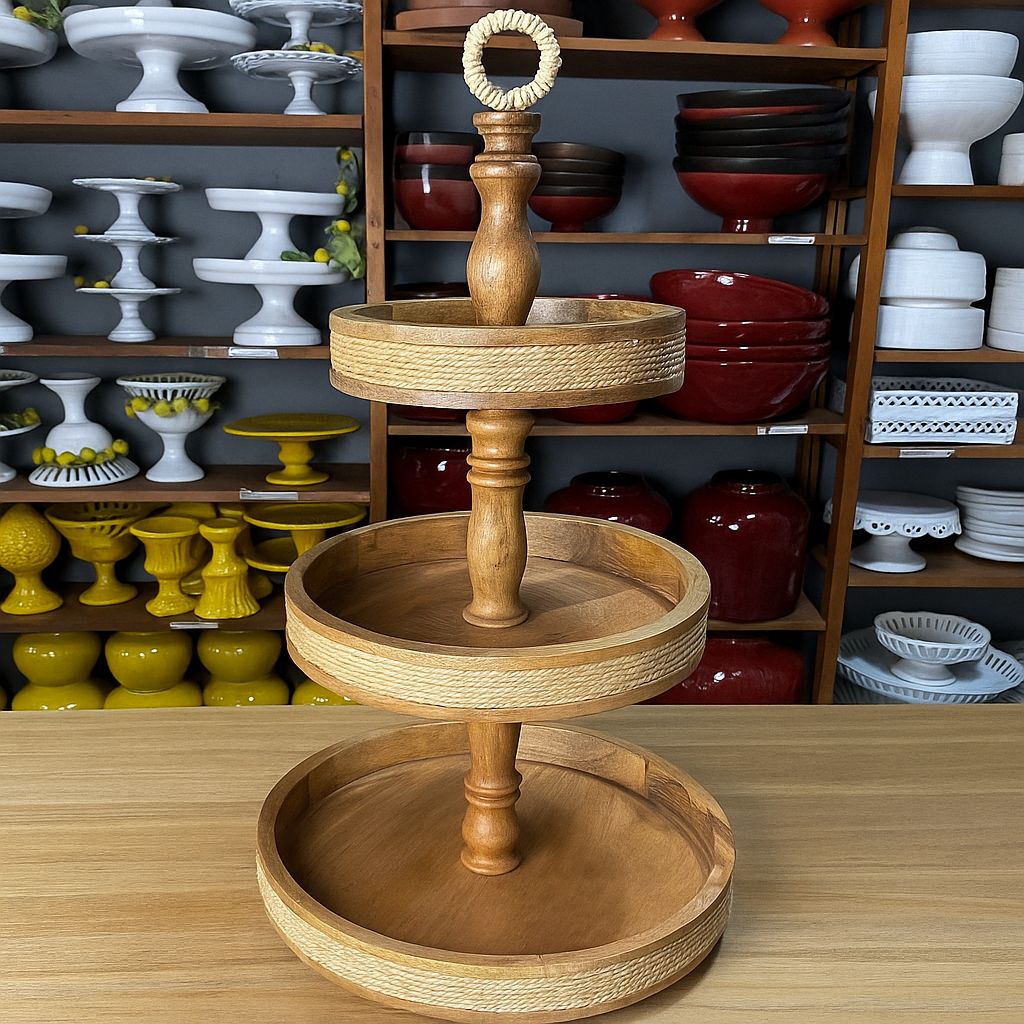 PORTA DOCE 3 ANDARES MADEIRA E CORDA